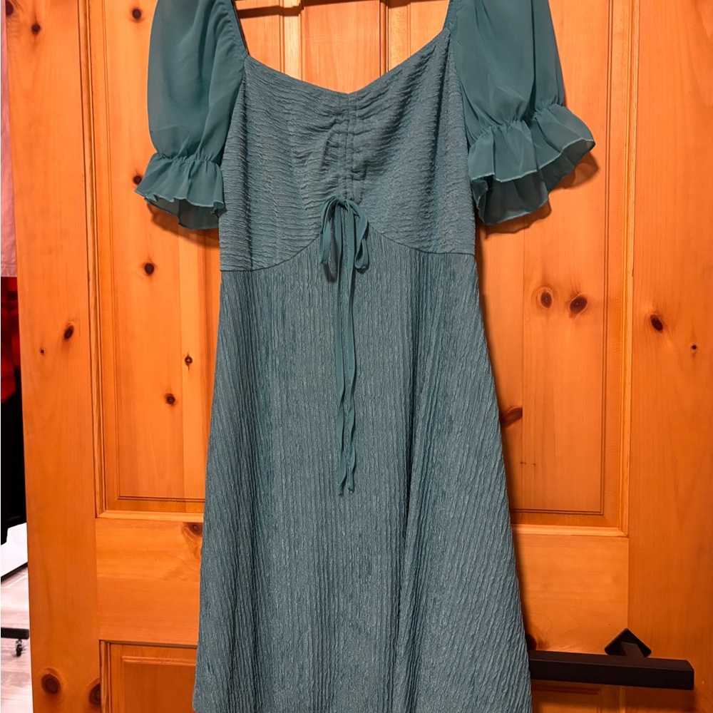 Teal Puff-Sleeve Midi Dress with Tie Front